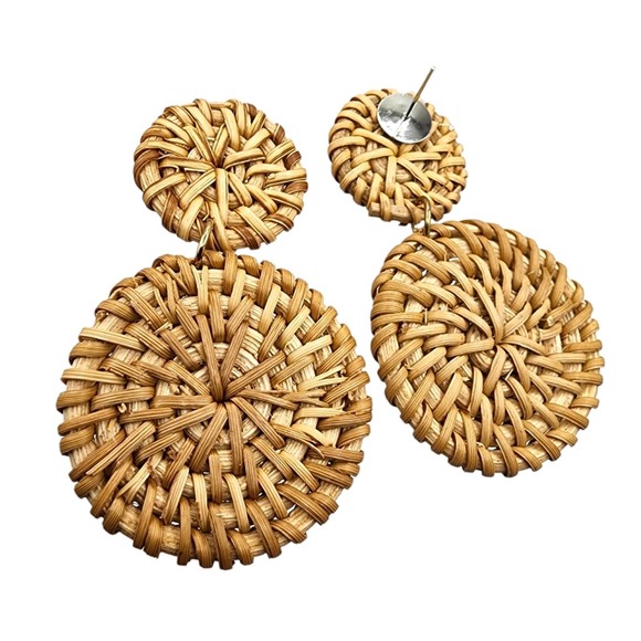 Rattan Sphere Earrings Stud 2-Layer Bohemian Jewelry Boho Style Brown - Picture 3 of 3
